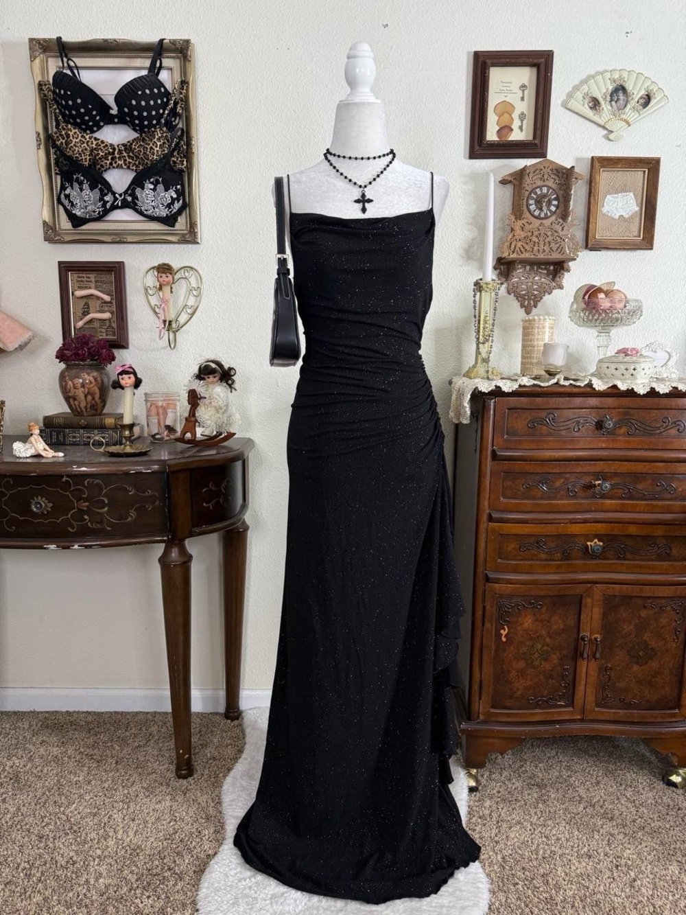 90’s grunge glam whimsigoth black glitter cowl neck ruffled maxi length gown